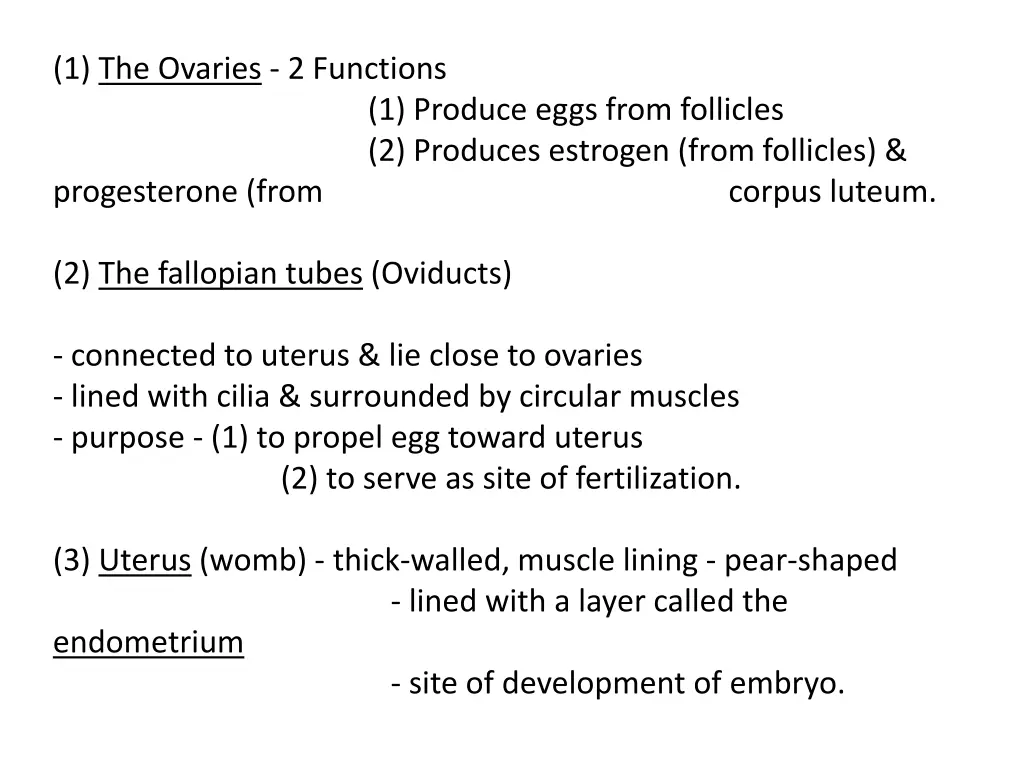 1 the ovaries 2 functions progesterone from
