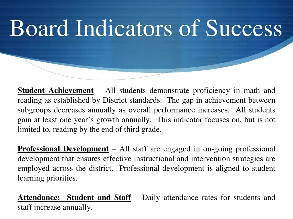 board indicators of success
