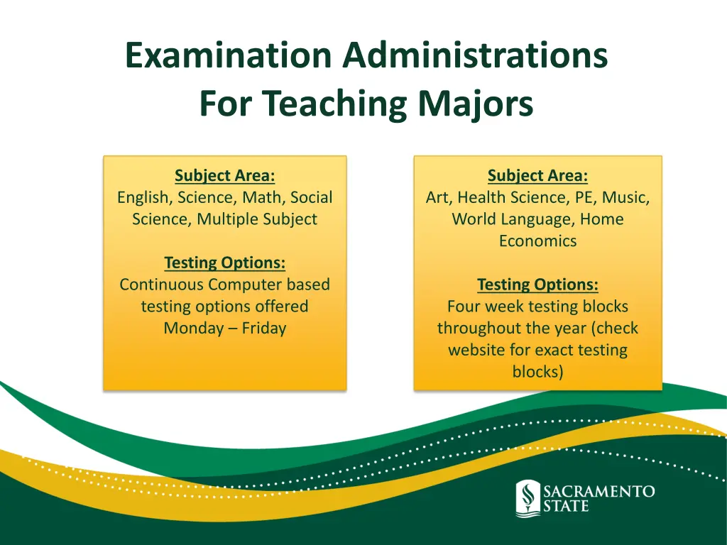 examination administrations for teaching majors