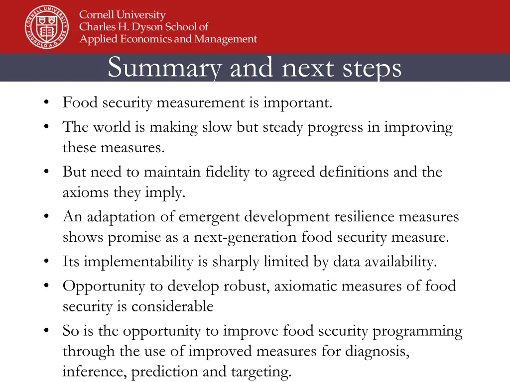 summary and next steps food security measurement