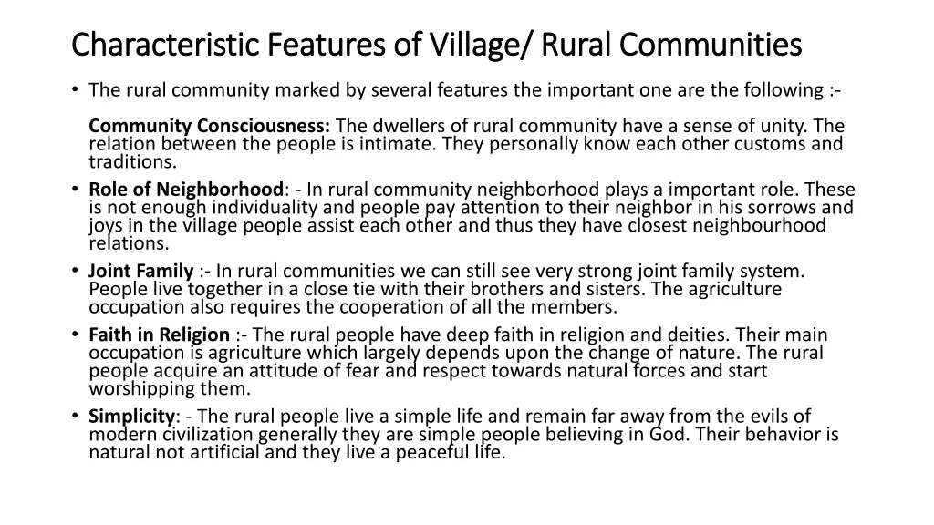 characteristic features of village rural