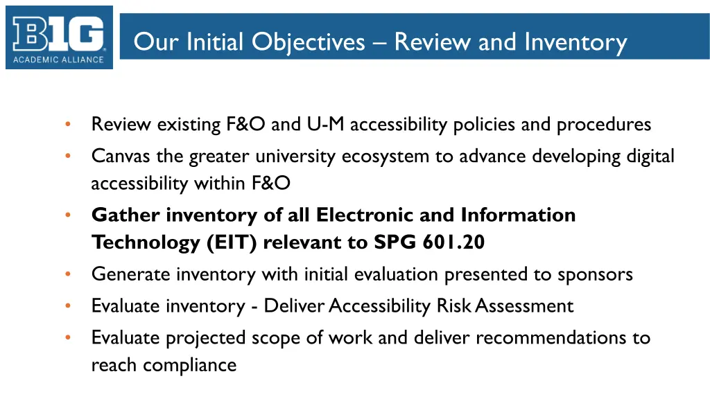 our initial objectives review and inventory