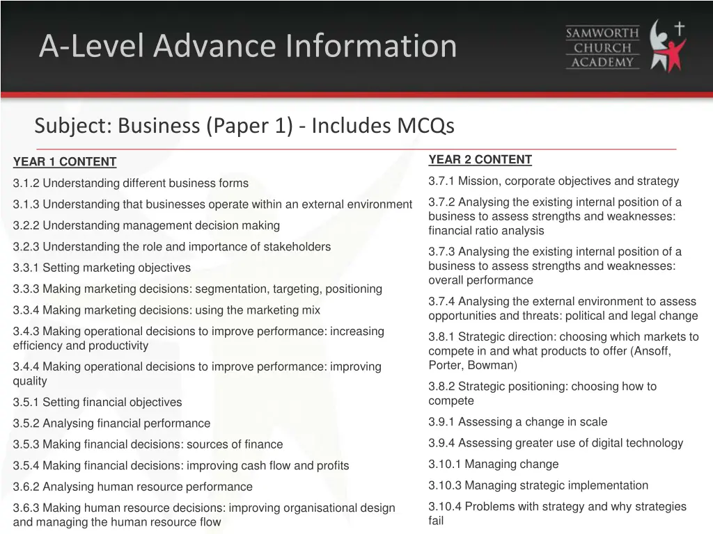 a level advance information
