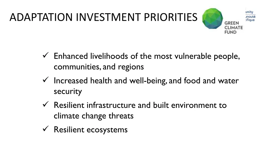adaptation investment priorities