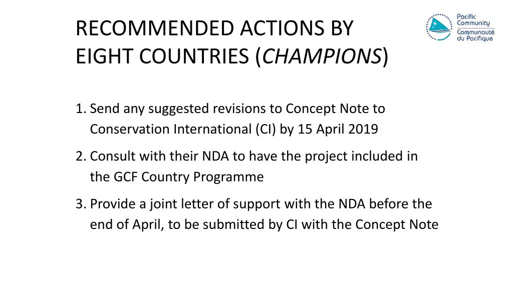 recommended actions by eight countries champions