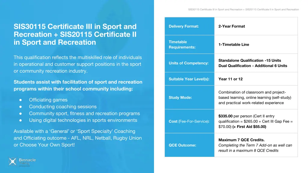 sis30115 certificate iii in sport and recreation