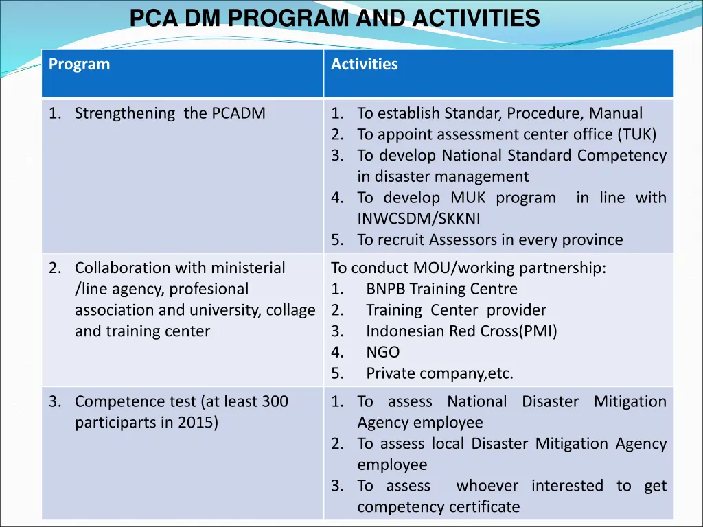 pca dm program and activities