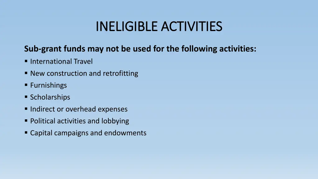 ineligible activities ineligible activities