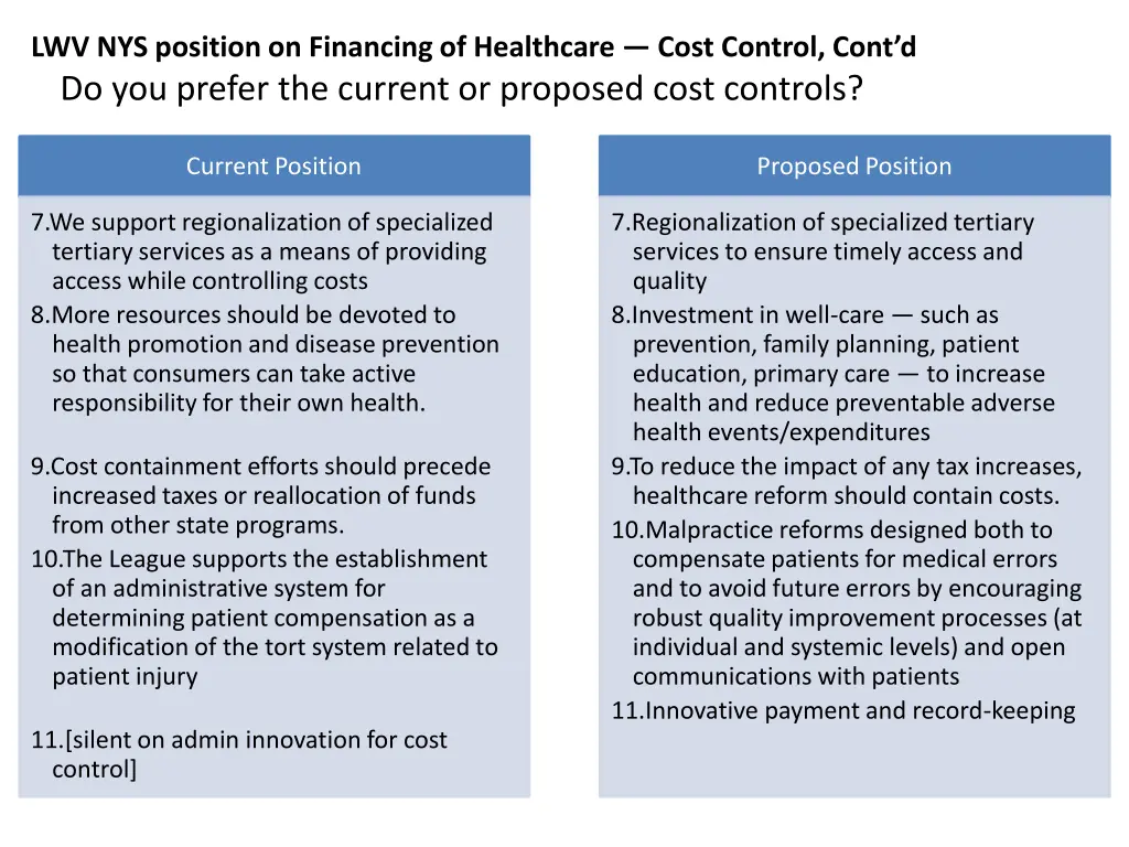 lwv nys position on financing of healthcare cost 1