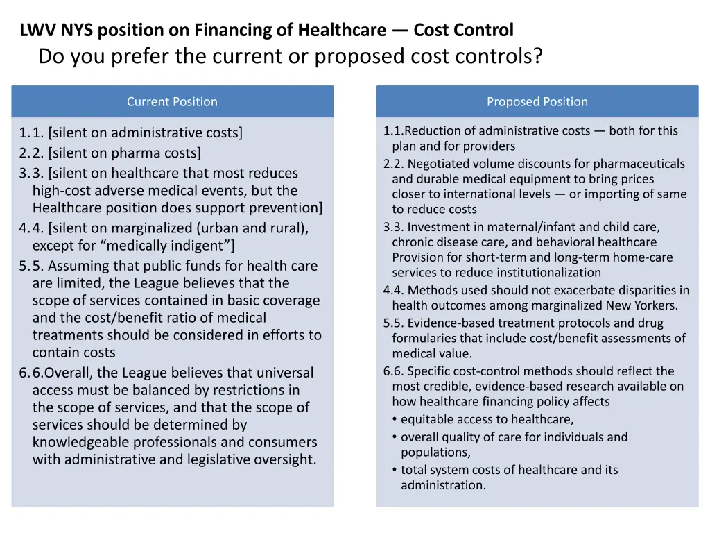 lwv nys position on financing of healthcare cost