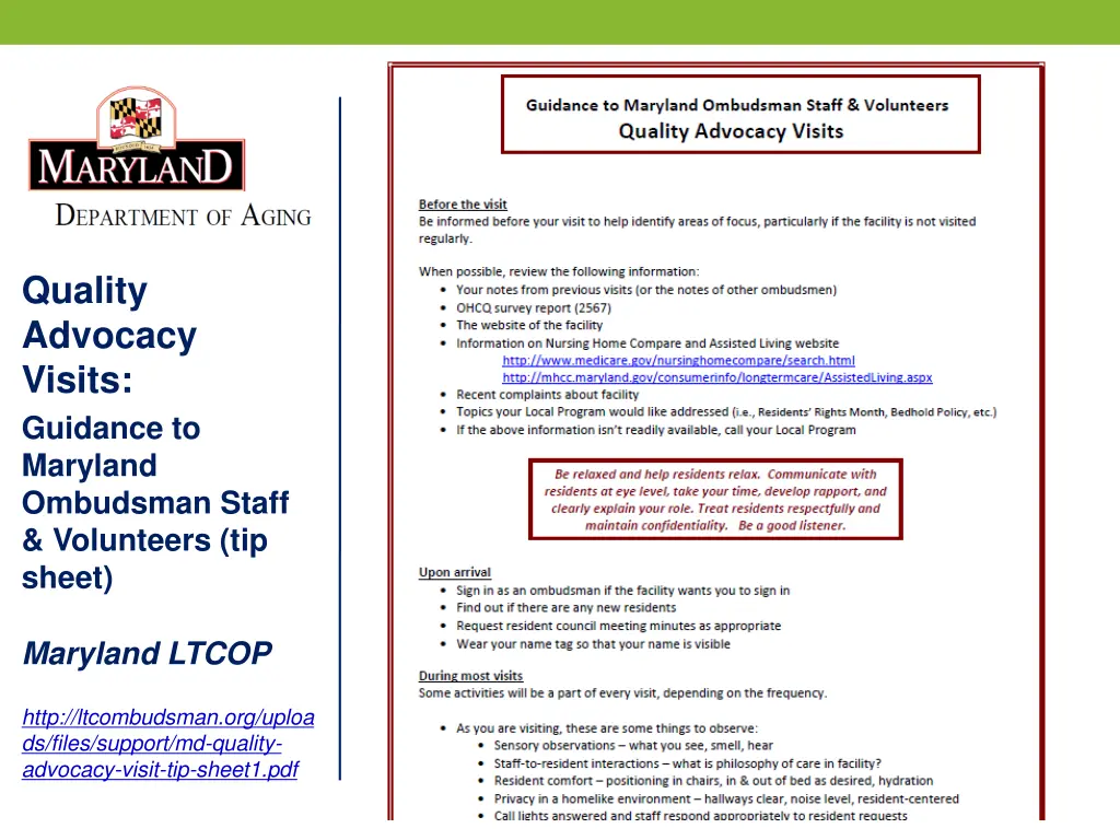 quality advocacy visits guidance to maryland