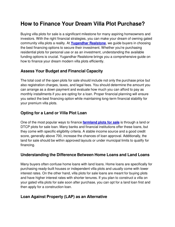 how to finance your dream villa plot purchase