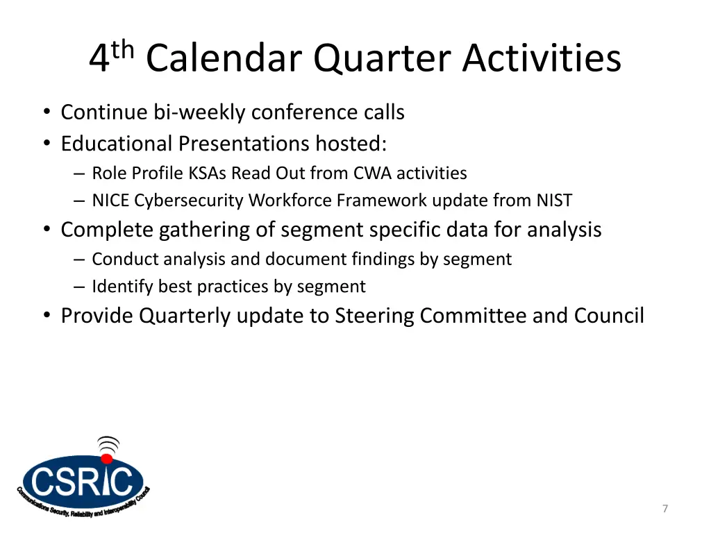 4 th calendar quarter activities