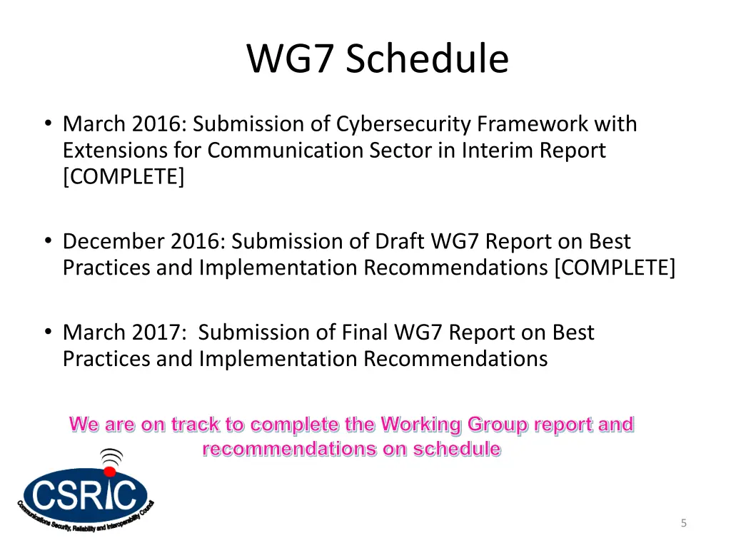 wg7 schedule