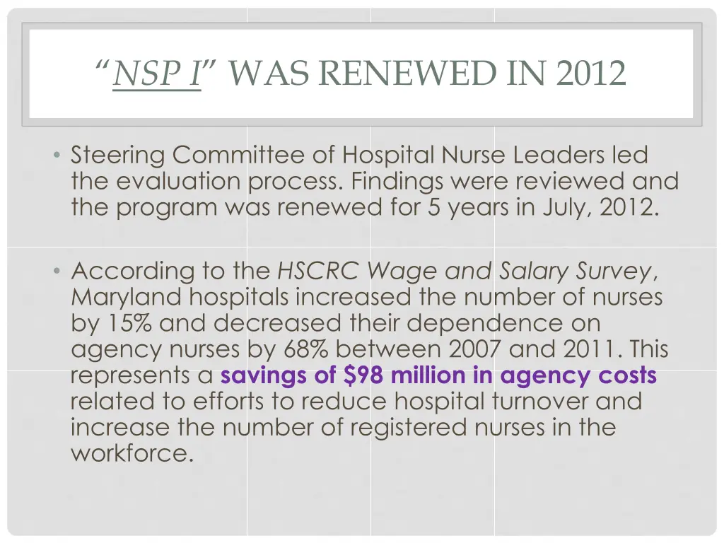nsp i was renewed in 2012
