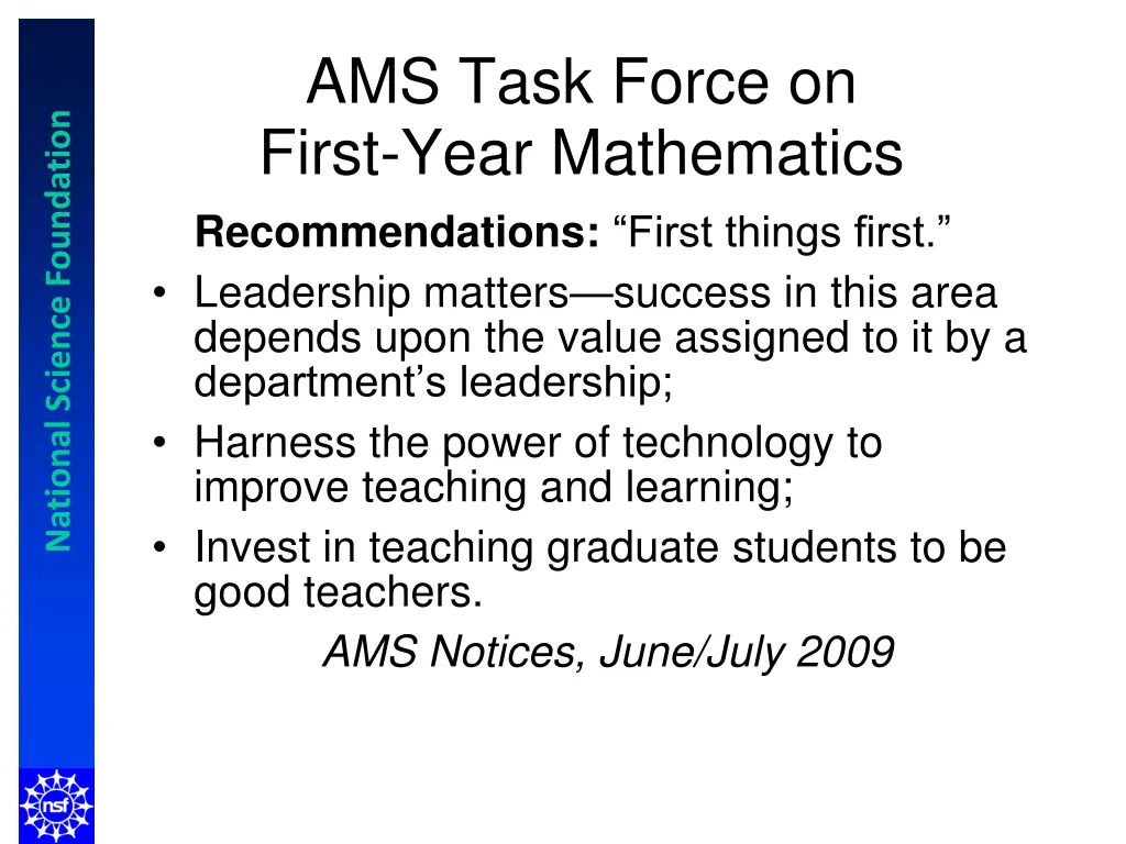 ams task force on first year mathematics
