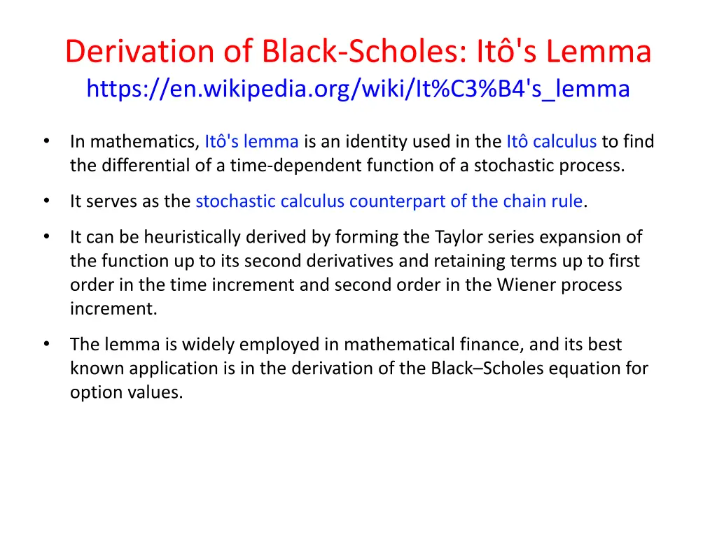 derivation of black scholes it s lemma https