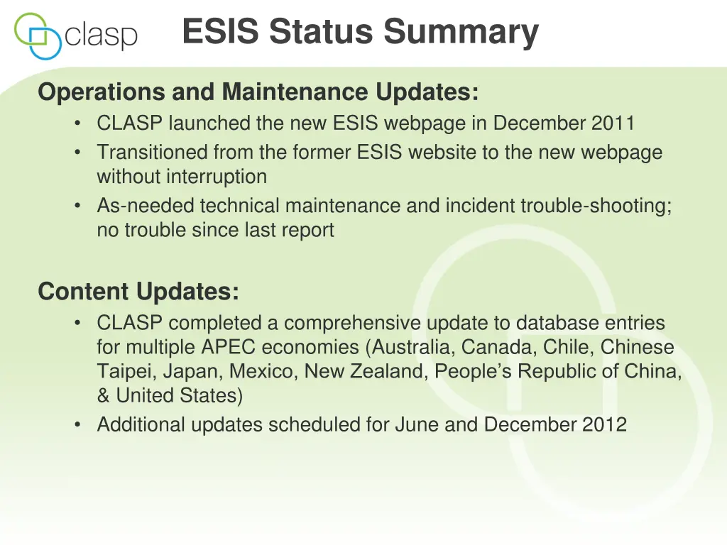 esis status summary