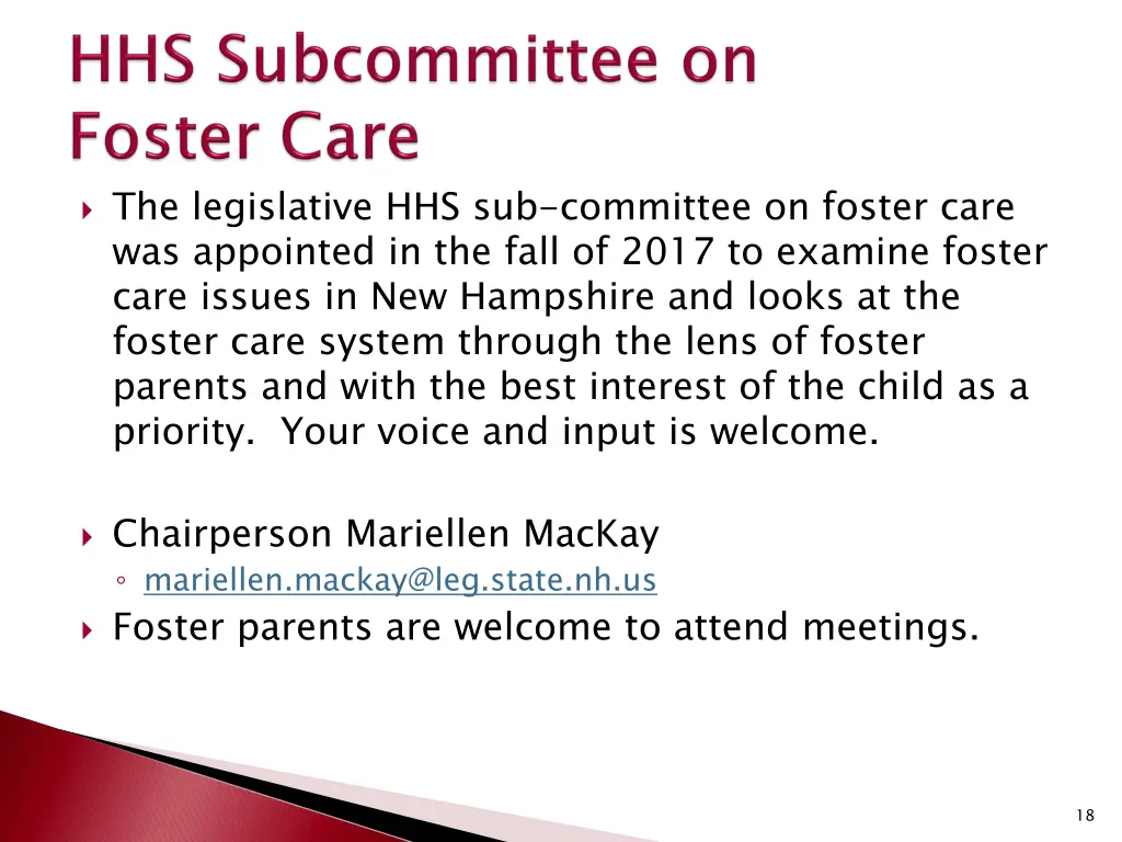 the legislative hhs sub committee on foster care