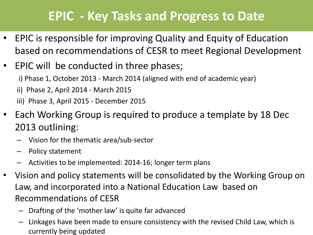 epic key tasks and progress to date