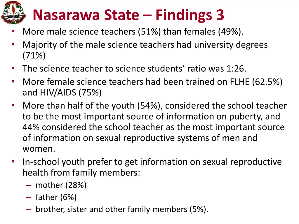 nasarawa state findings 3 more male science