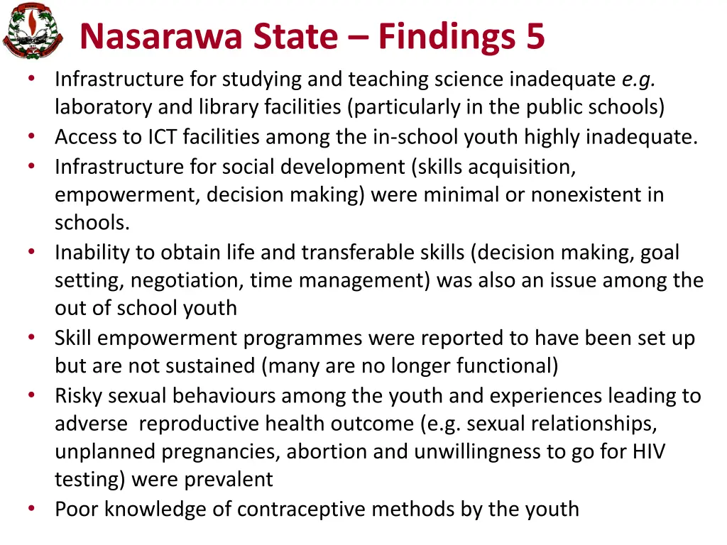nasarawa state findings 5 infrastructure