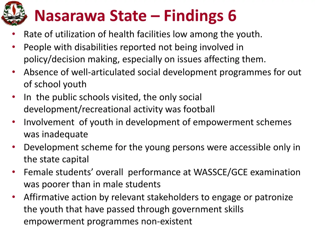 nasarawa state findings 6 rate of utilization