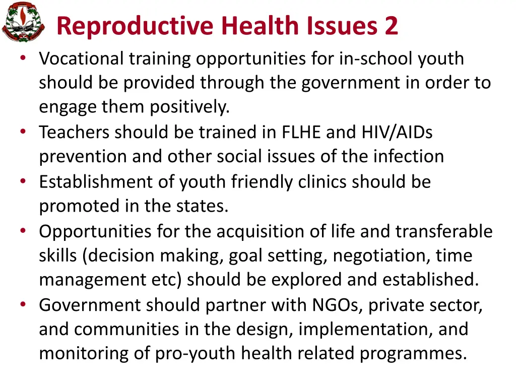 reproductive health issues 2 vocational training