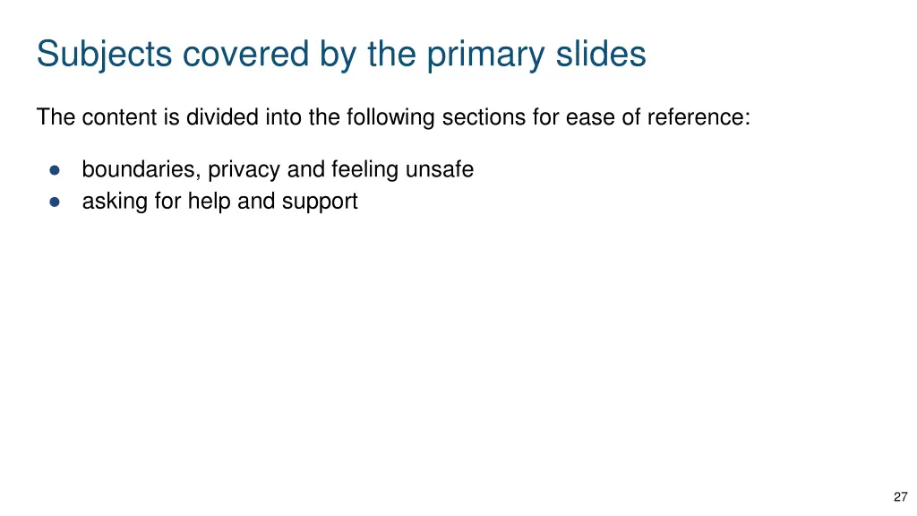 subjects covered by the primary slides