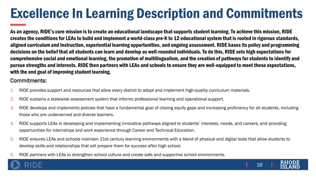 excellence in learning description and commitments