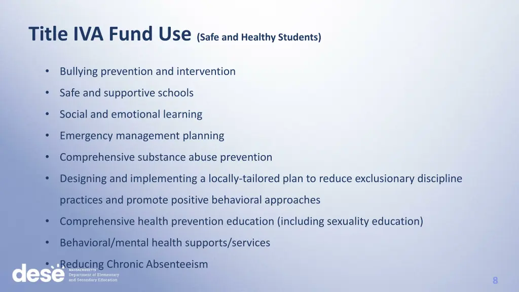 title iva fund use safe and healthy students