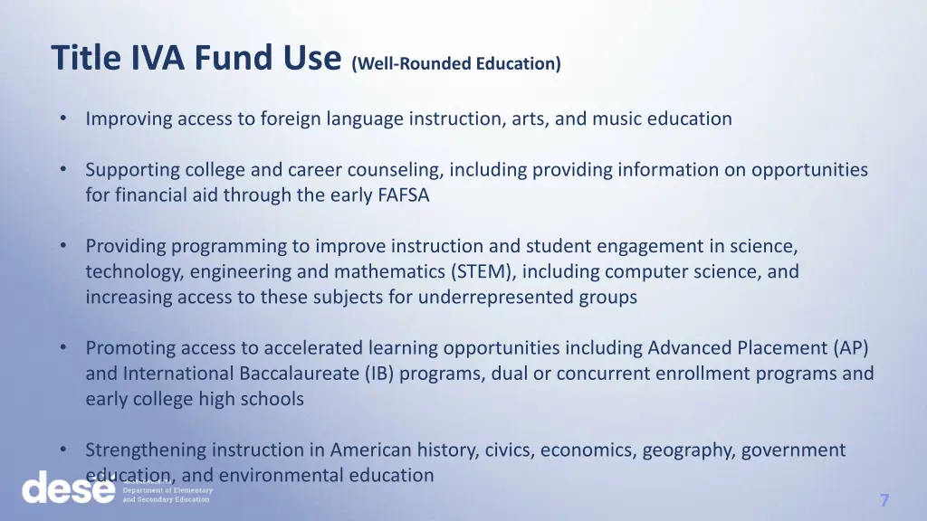 title iva fund use well rounded education