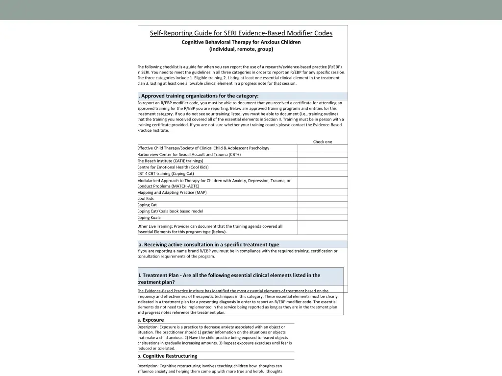 self reporting guide for seri evidence based