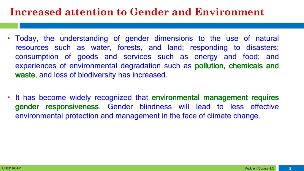 increased attention to gender and environment