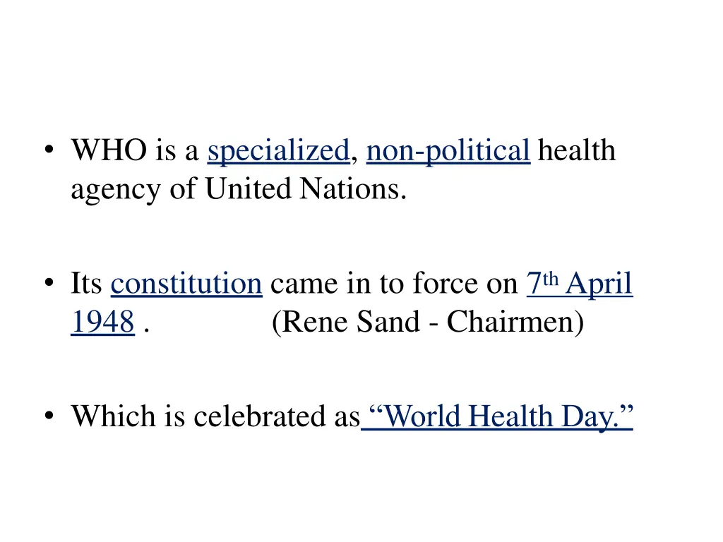 who is a specialized non political health agency