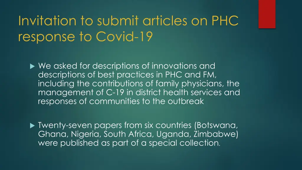 invitation to submit articles on phc response