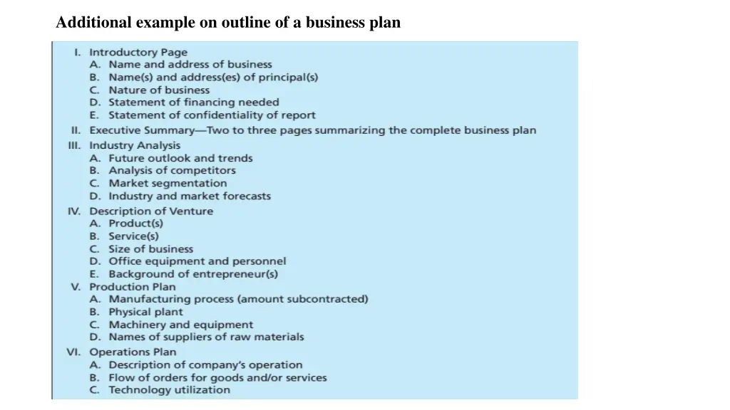 additional example on outline of a business plan