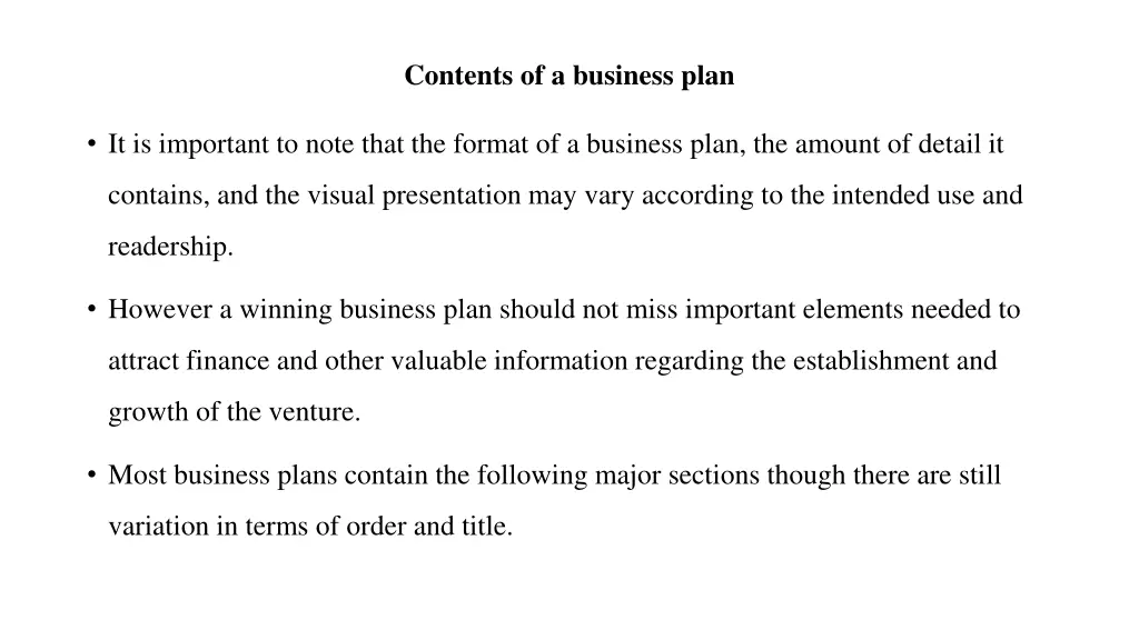 contents of a business plan