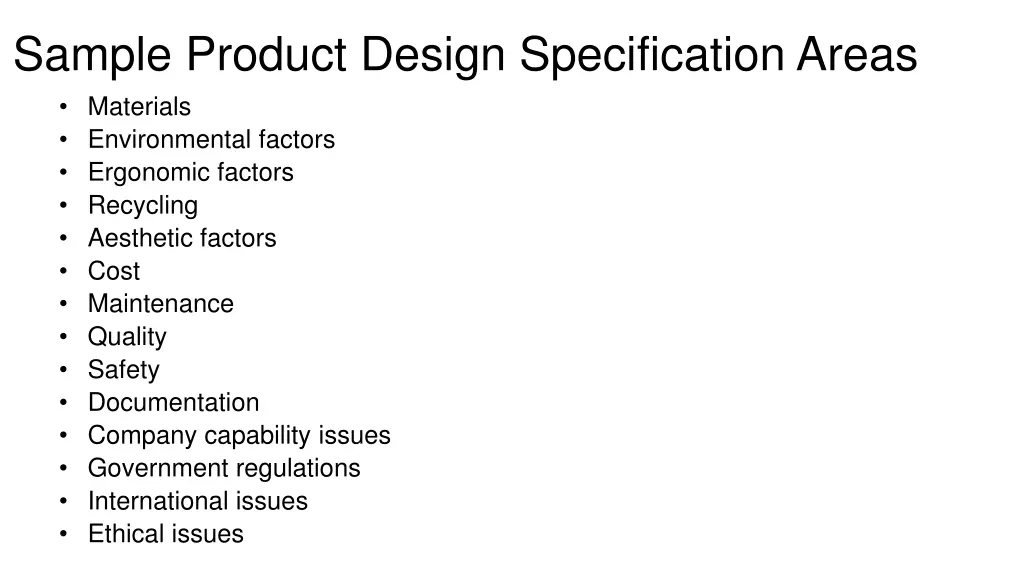 sample product design specification areas