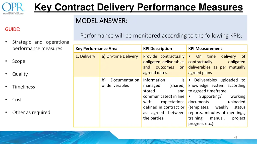 key contract delivery performance measures