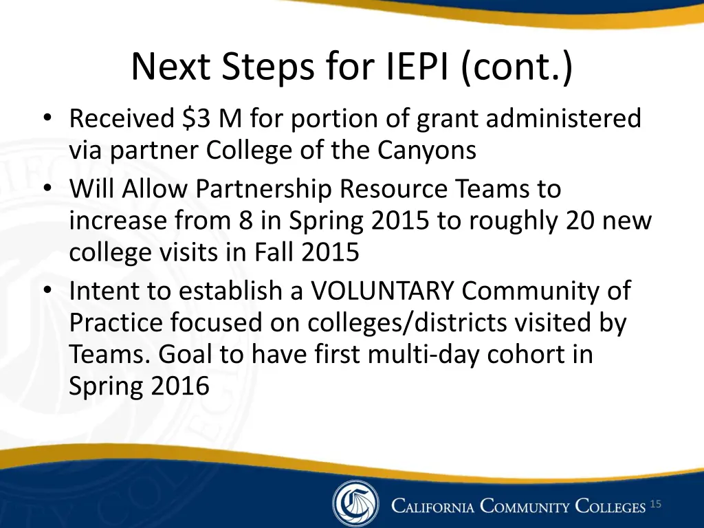 next steps for iepi cont received 3 m for portion