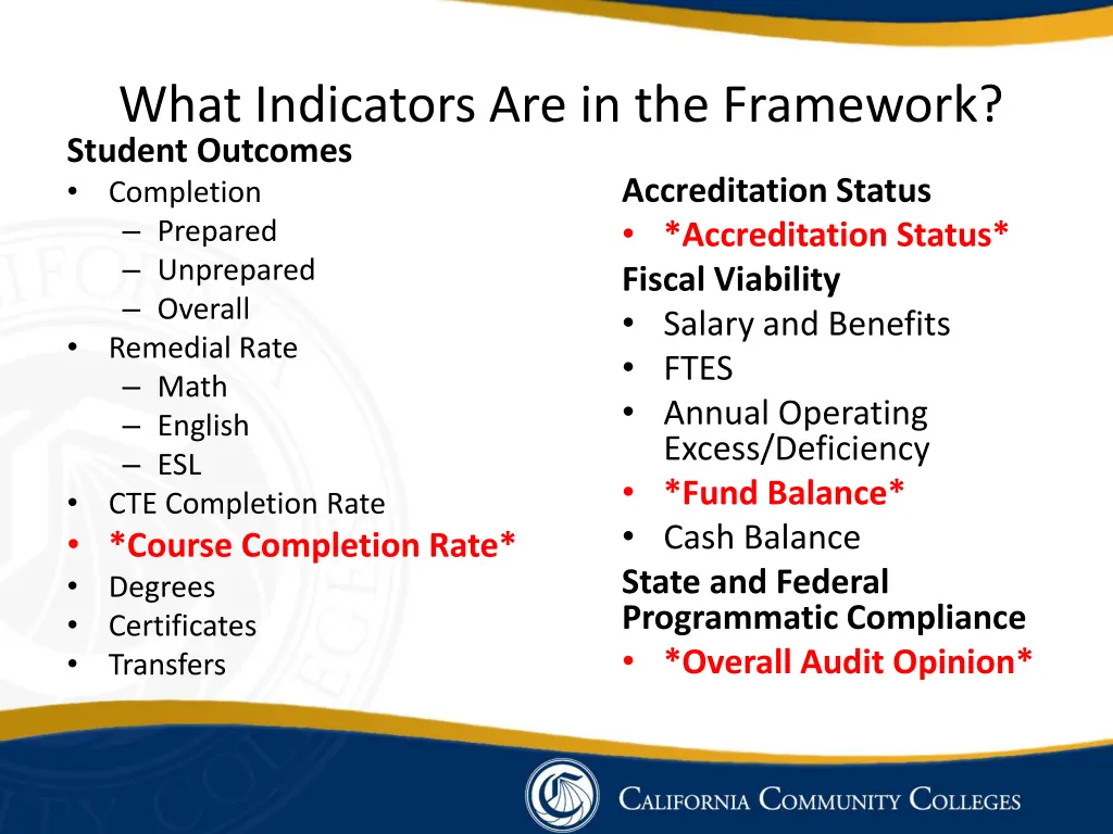 what indicators are in the framework student