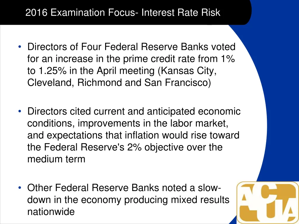 2016 examination focus interest rate risk
