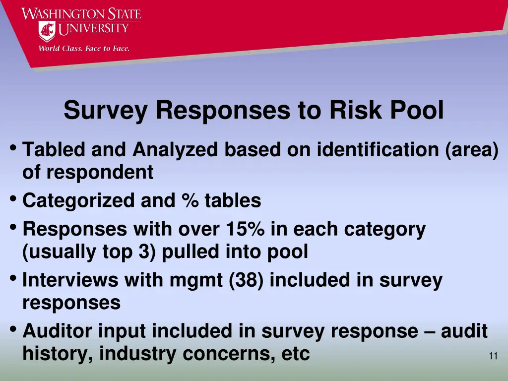 survey responses to risk pool tabled and analyzed