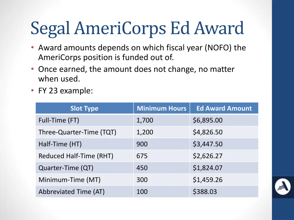 segal americorps ed award award amounts depends