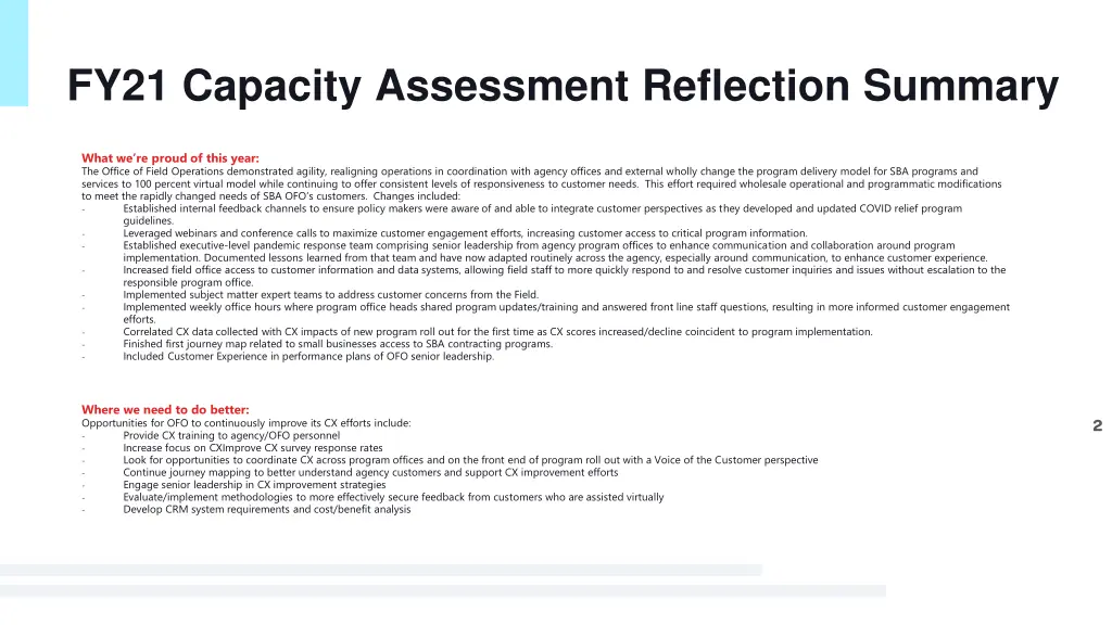 fy21 capacity assessment reflection summary
