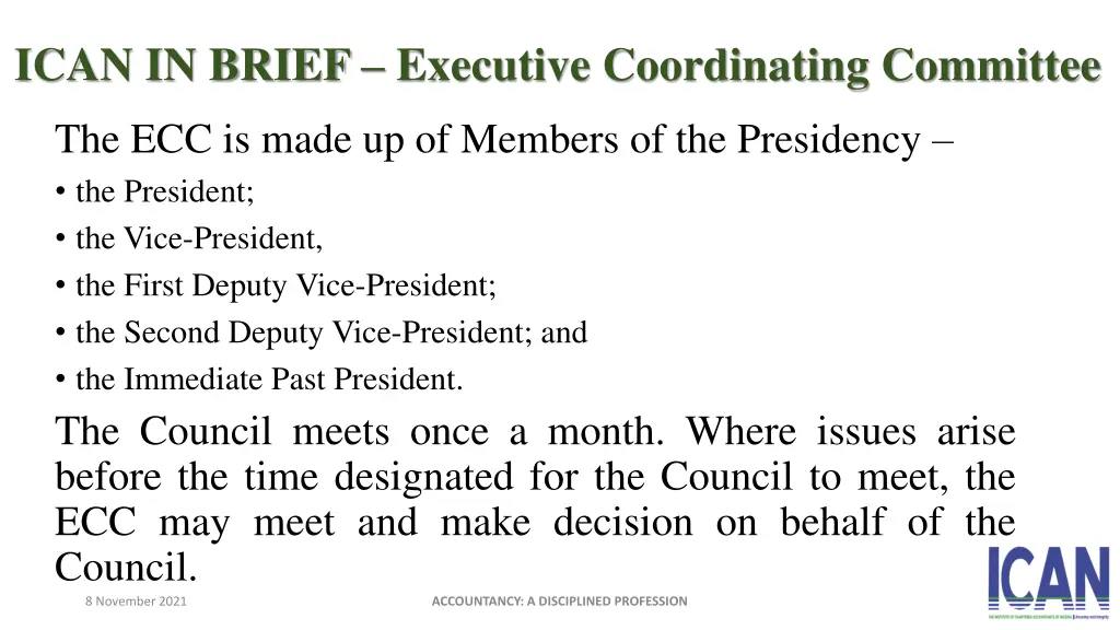 ican in brief executive coordinating committee