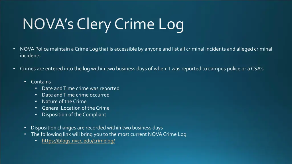 nova s clery crime log