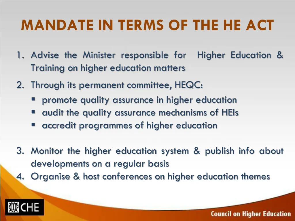 mandate in terms of the he act