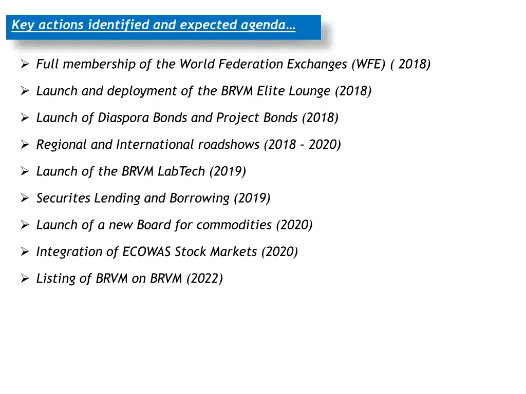 key actions identified and expected agenda